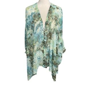 Chico’s Floral Sheer Open Front Flowy Green Sage VNeck Kimono Top Women Size S/M